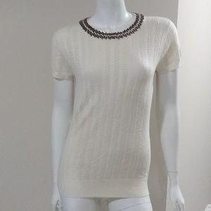 💐Sao Paulo 36 (S) cream see through short sleeve sweater with beaded neckline